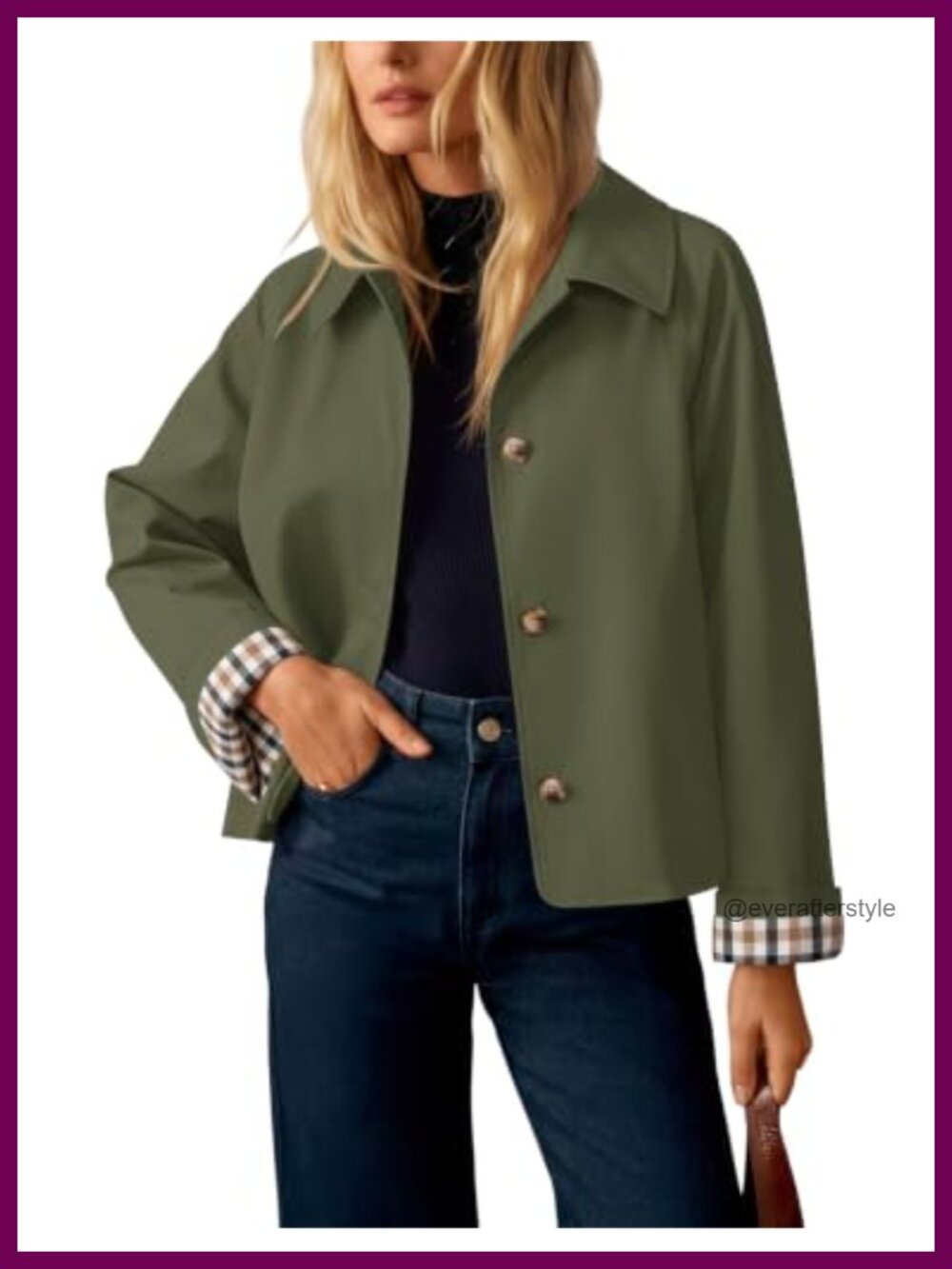 Cropped Trench Coat Plaid Button Front Lightweight Fall Jacket